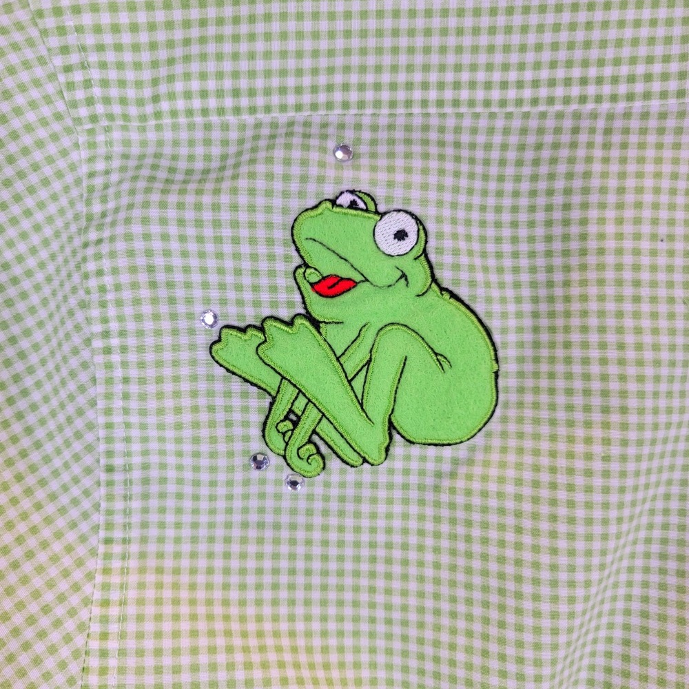 Las Olas Shirt Womens M Green Gingham Embroidered Frog Button Up Short Sleeve - Picture 6 of 12